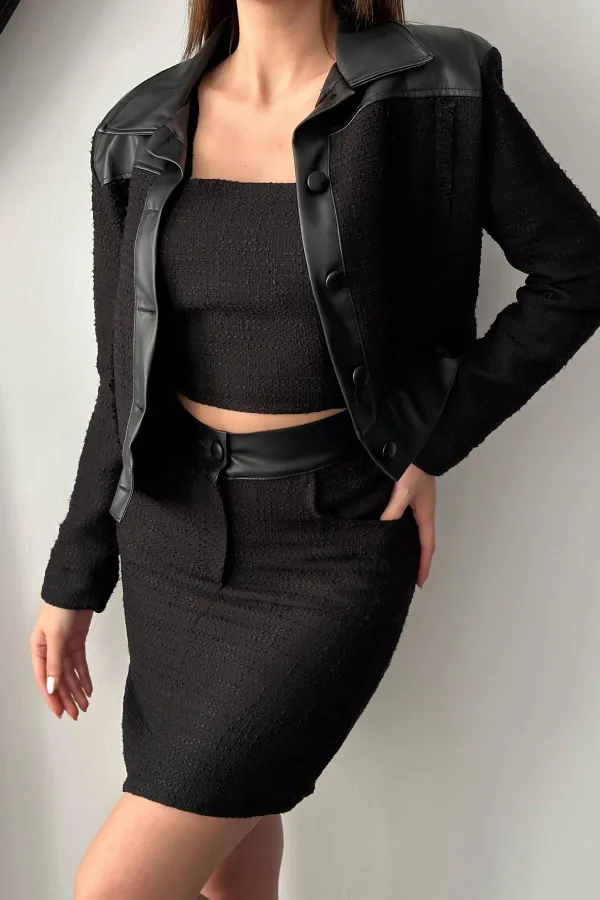 Ensemble veste et pantalon garnis de cuir noir triple en gros