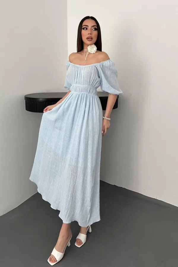 Robe en mousseline de lin bleu bébé à col froncé en gros