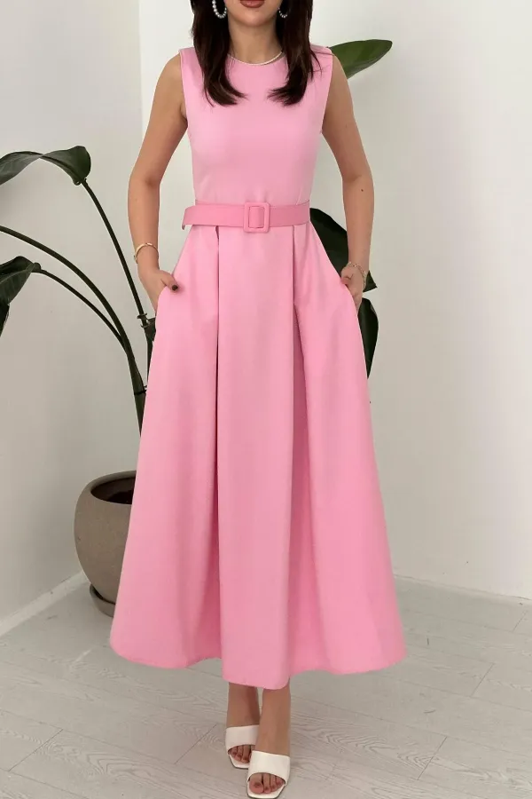 Toptan Pembe Halter Yaka Kloş Elbise