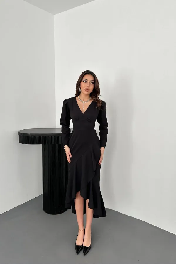 Toptan Siyah Volanlı Atlas Elbise