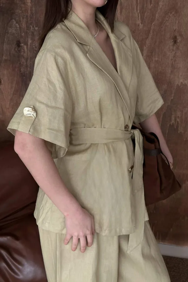 Toptan Bej Keten Gömlekli Takım