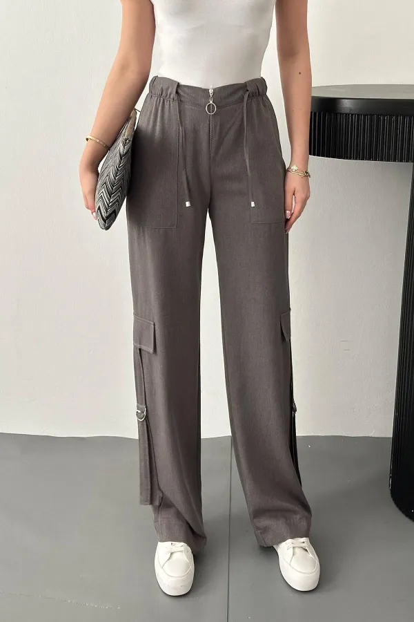 Toptan Gri Önden Fermuarlı Pantolon