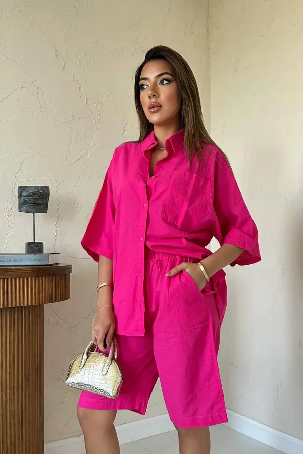 Ensemble chemise et short en lin fuchsia à manches courtes en gros