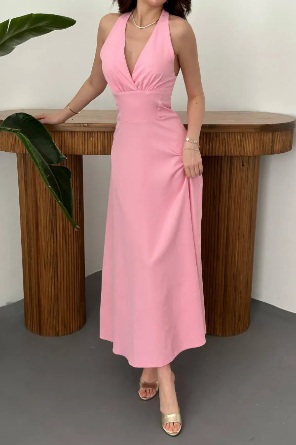 Toptan Pembe Atlas Göğüs Kuplu Elbise