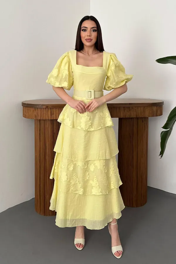 Wholesale Yellow Balloon Sleeve Layered Dress