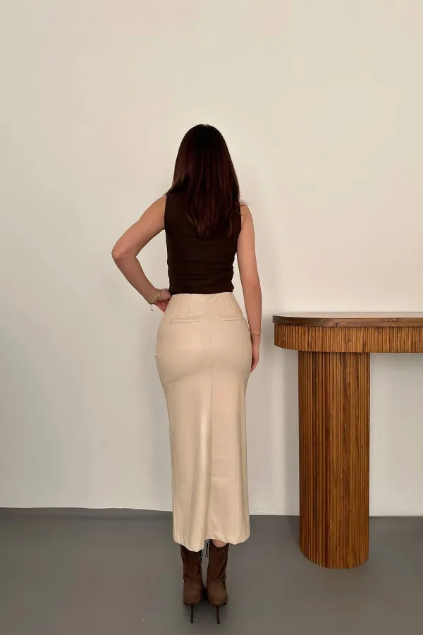 Toptan Bej Yırtmaçlı Süs Patlı Etek