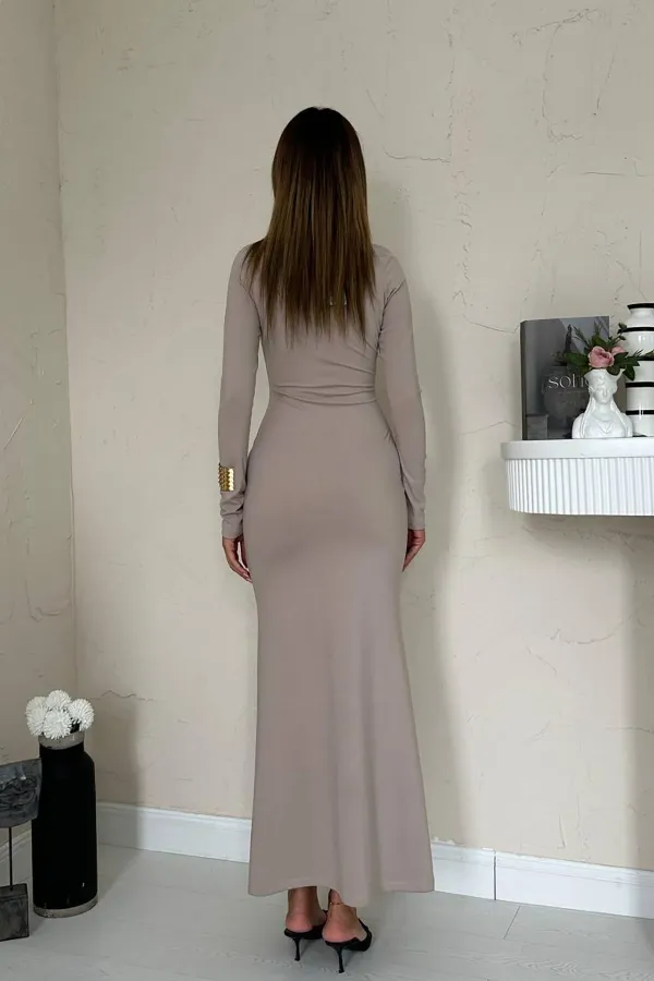 Toptan Bej Vücudu Saran Uzun Elbise