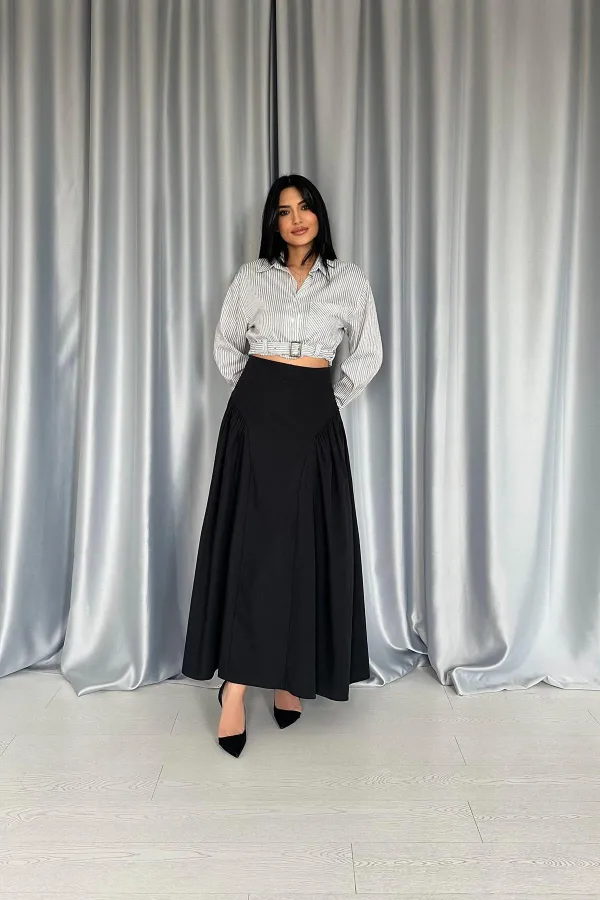 Toptan Siyah Yanları Büzgülü Uzun Etek