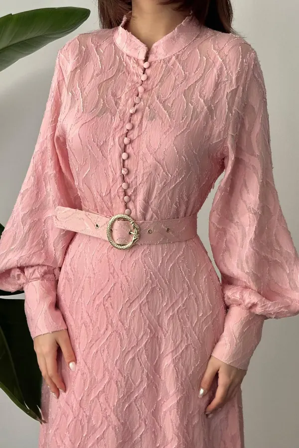 Toptan Pudra Kemer Detaylı Uzun Elbise