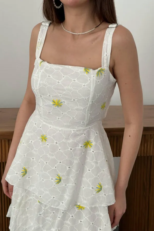 Toptan Sarı Çiçek Desenli Kat Kat Arkası Bağlamalı Elbise