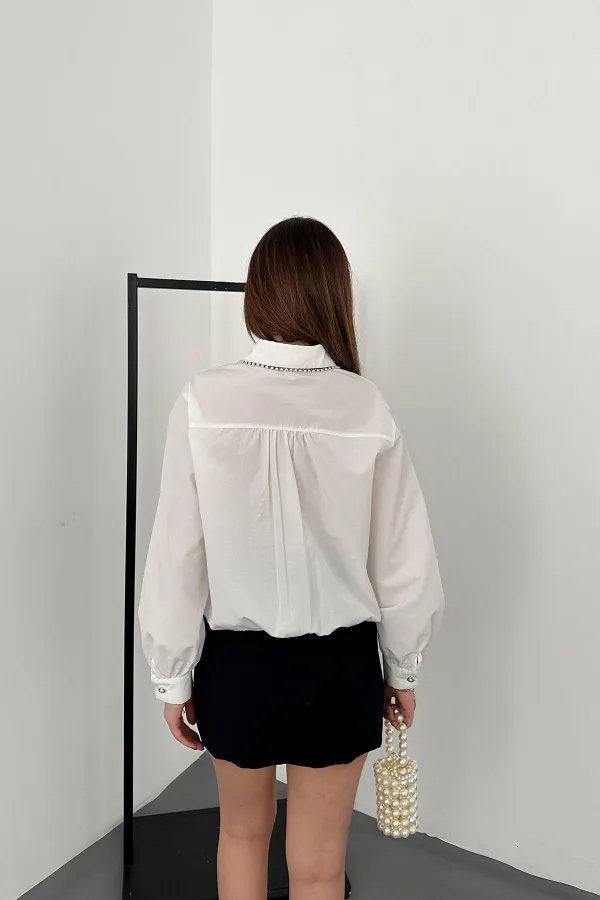 Toptan Beyaz Taşlı Poplin Gömlek