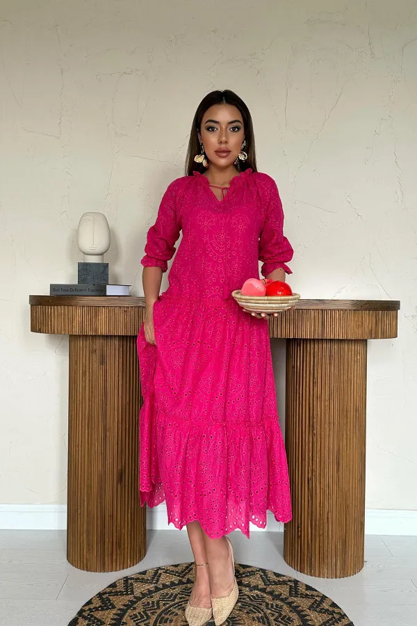 Toptan Fuşya Dantelli New Elbise
