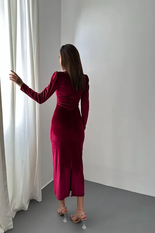 Toptan Bordo Kadife Işıltılı Elbise