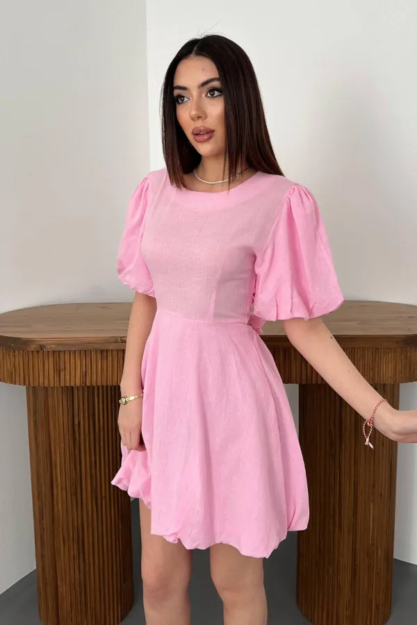 Toptan Pembe Arkadan Bağlamalı Keten Elbise