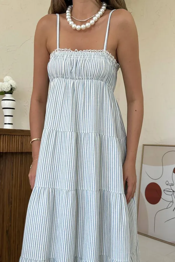 Wholesale Blue Strappy Striped Muslin Dress