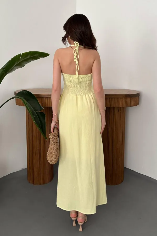 Toptan Sarı Arkası Gipeli Keten Elbise