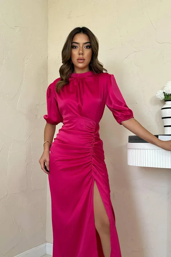 Toptan Fuşya Büzgülü Saten Elbise
