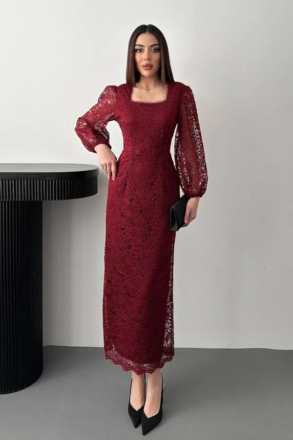 Toptan Bordo Güpür Detaylı Dantel Elbise