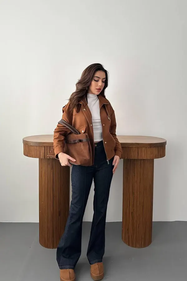 Toptan Camel Dik Yakalı Kısa Ceket