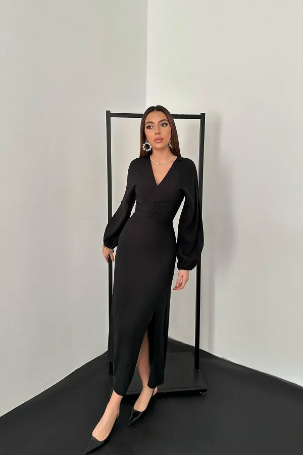Robe en crêpe froncée noire en gros