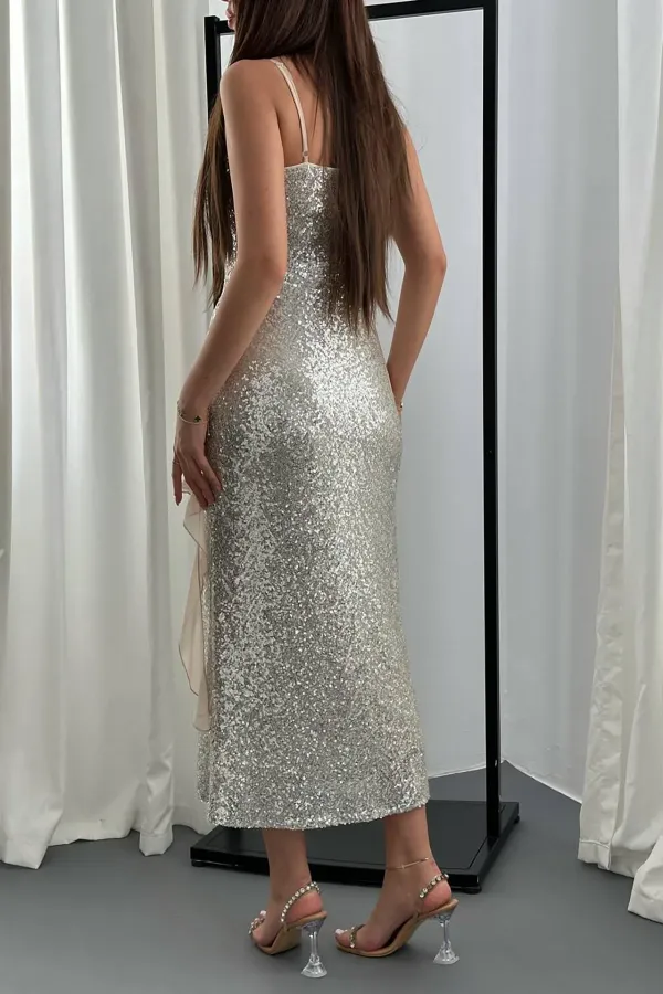 Robe beige à sequins en mousseline à volants et à volants en gros