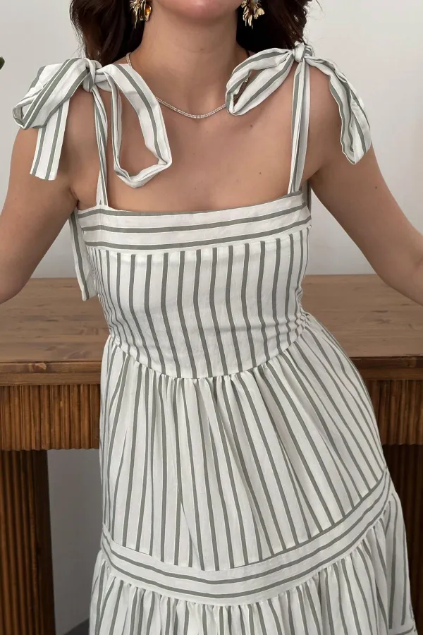 Toptan Mint Omuzdan Bağlamalı Çizgili Elbise