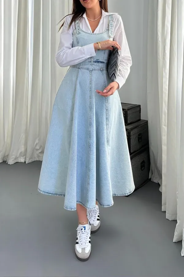 Toptan Kar Yıkama Midi Boy Bantlı Kot Elbise