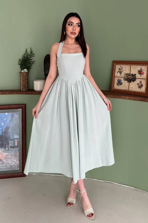 Toptan Mint Boyundan Bağlamalı Keten Elbise