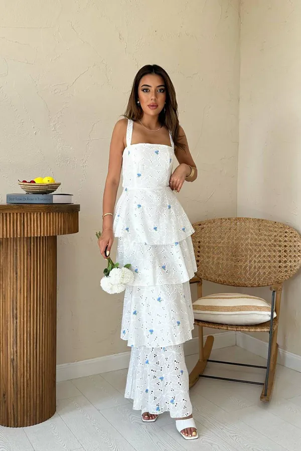 Toptan Mavi Kat Kat Arkası Bağlamalı Elbise