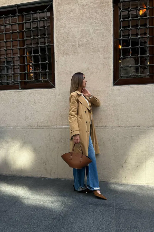 Toptan Camel Uzun Kemerli Trençkot