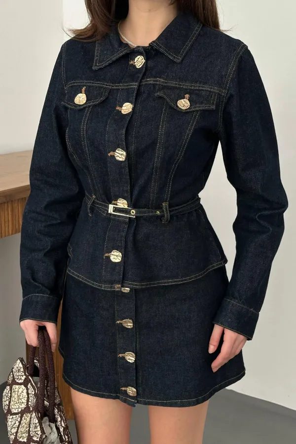 Toptan Mavi Gold Düğmeli Kot Ceket Ve Etek Takım