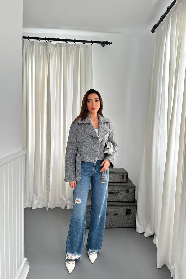 Toptan Gri Kuşgözü Kaşe Manto