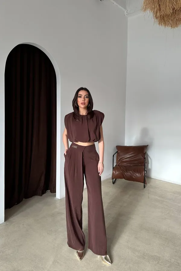 Ensemble chemisier et pantalon marron en modal, vente en gros