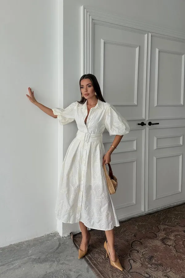 Toptan Ekru Pileli Balon Kol Elbise