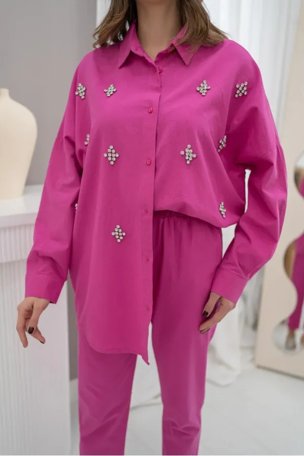 Ensemble de costume classique en lin laqué fuchsia en gros