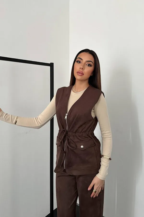 Toptan Kahverengi Süet Yelek Pantolon Takım