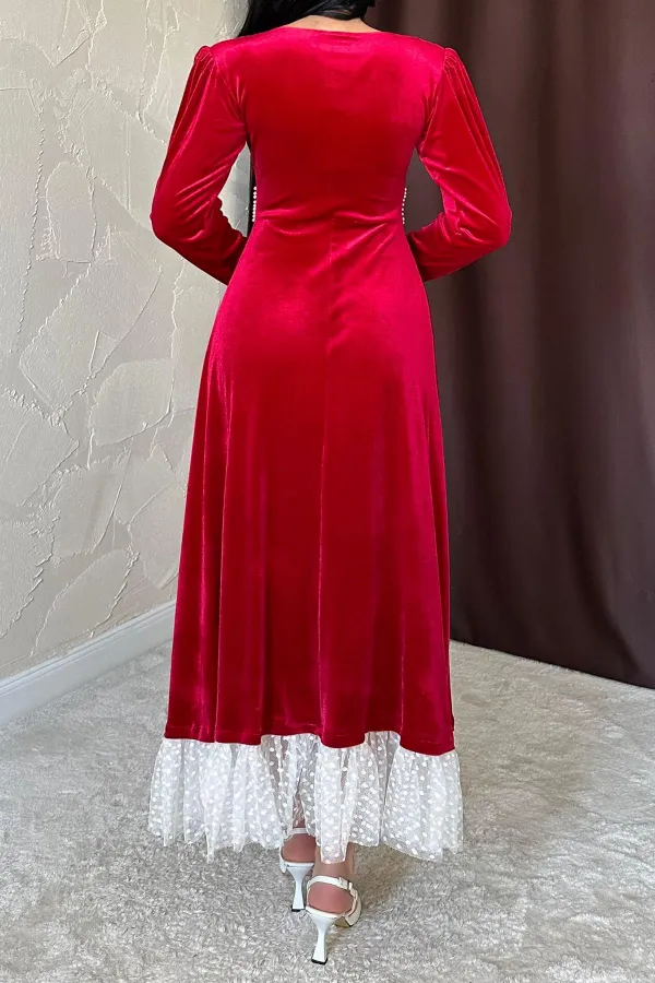 Robe en velours rouge avec accessoires en perles, vente en gros