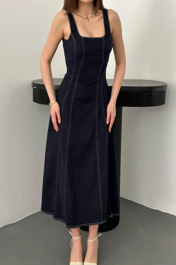 Toptan Lacivert Çift Dikişli Gabardin Elbise