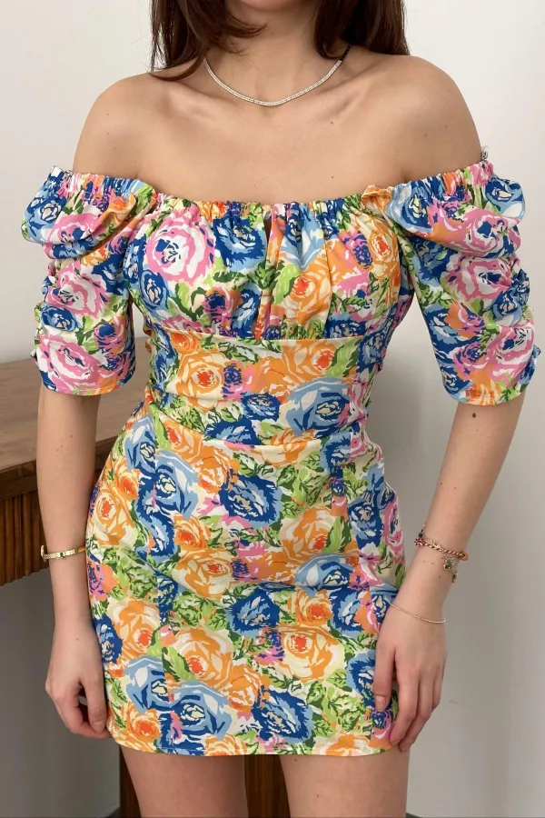 Toptan Oranj Boyundan Bağlamalı Desenli Elbise