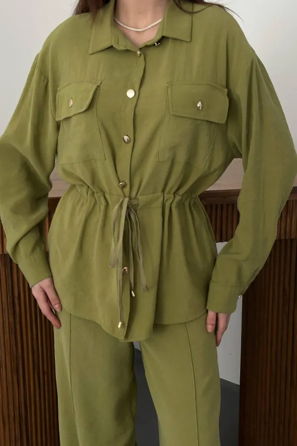 Toptan Olive Düğme Detaylı Gömlek Ve Nervürlü Pantolon Takım