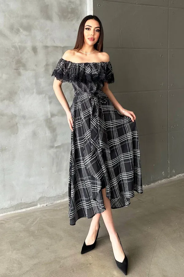 Toptan Lacivert Ekoseli Dantelli Elbise