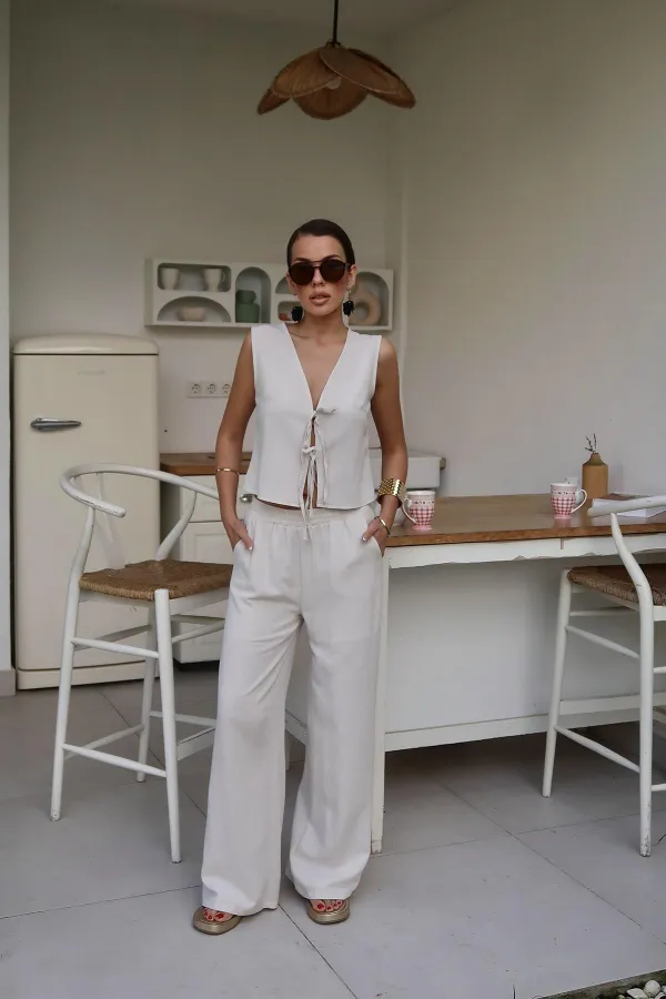 Costume en lin beige avec nœud sur le devant, vente en gros