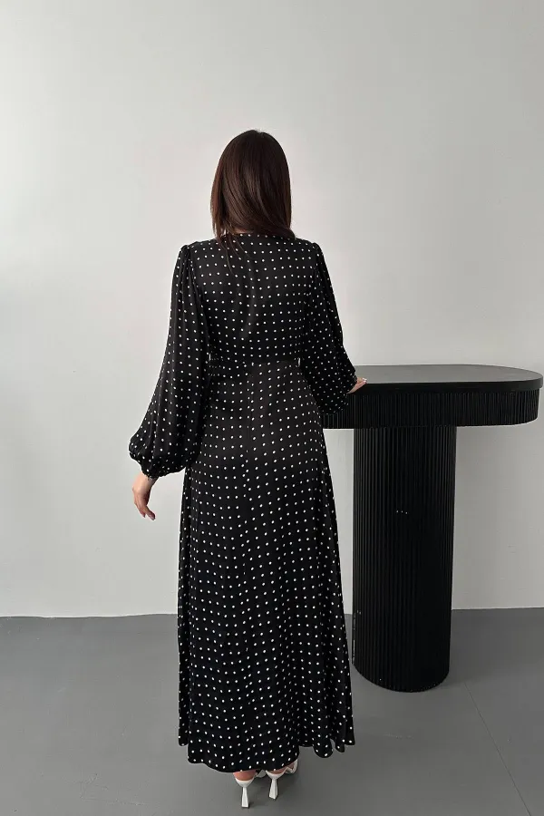 Toptan Siyah Saten Puantiyeli Dantel Detaylı Elbise