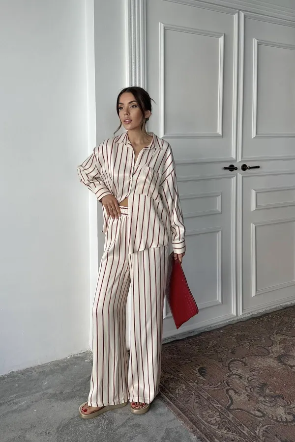 Toptan Bordo Çizgili Saten Takım