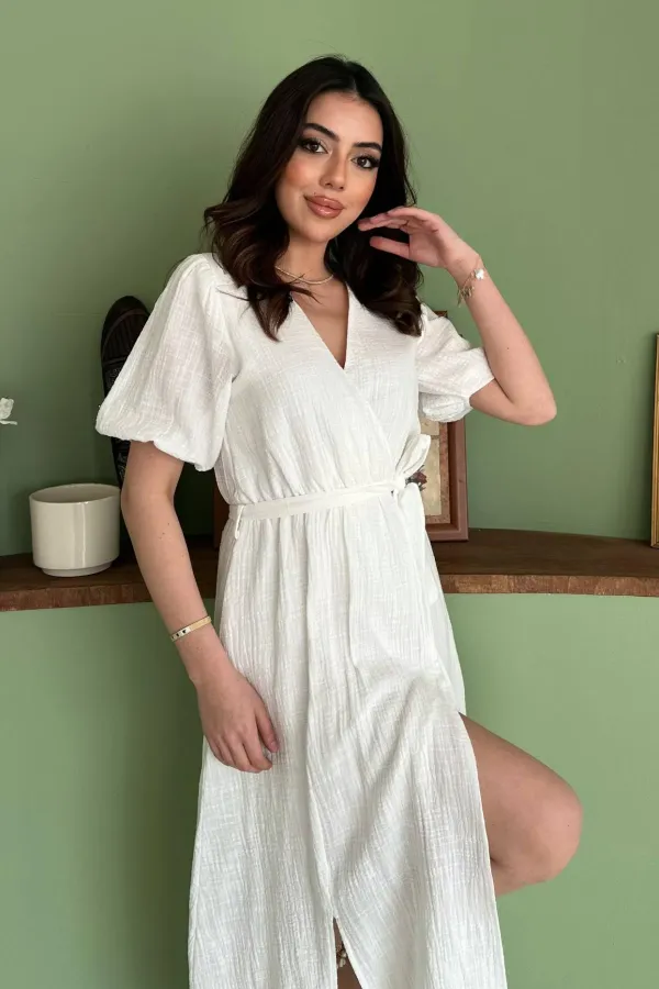 Toptan Beyaz Kruvaze Yaka Müslin Keten Elbise