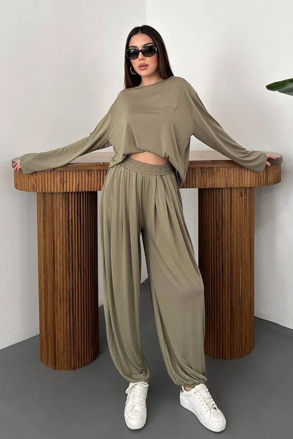 Ensemble haut et bas kaki à manches longues en gros