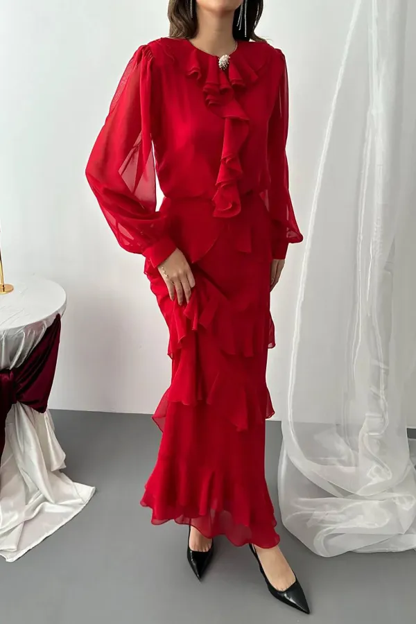 Toptan Kırmızı Fırfırlı Şifon Takım