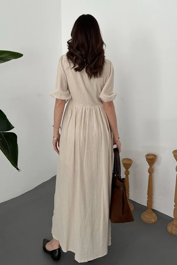 Robe longue beige en mousseline de mousseline en gros