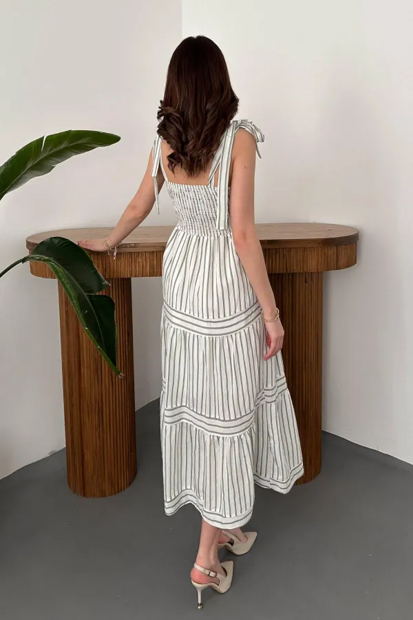 Toptan Mint Omuzdan Bağlamalı Çizgili Elbise