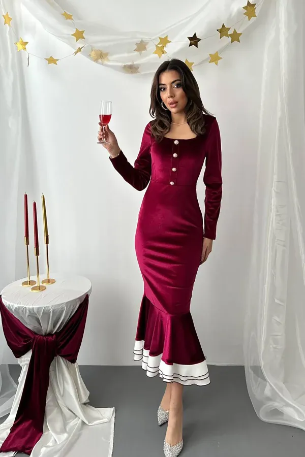 Toptan Bordo Alt Eteği Volanlı Kadife Elbise